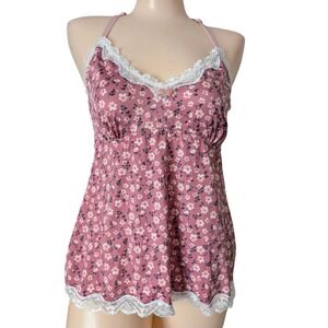 Y2K Babydoll Cami Top Large Lace Pink Floral Coquette Whimsical Fairy Stretch